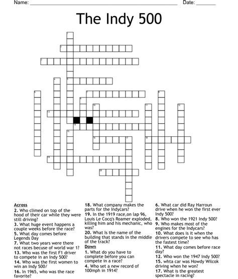 Indy 500 Sponsor Crossword Clue Answers. Find the latest crossword clues from New York Times Crosswords, LA Times Crosswords and many more. ... Indy 500 leader 2% 8 FASTCARS: Indy 500 participants 2% 7 PITCREW: Indy 500 team 2% 9 RACINGCAR: Indy ...